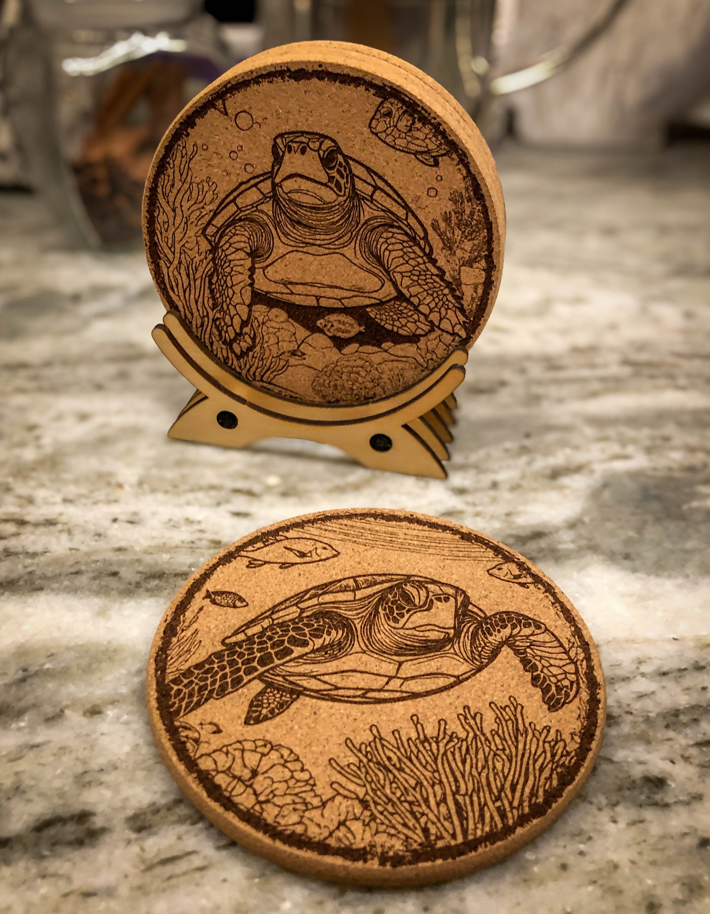 Sea Turtle Cork Coaster (Set of 4) with Stand