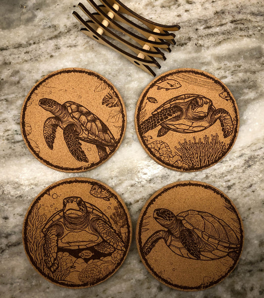 Sea Turtle Cork Coaster (Set of 4) with Stand