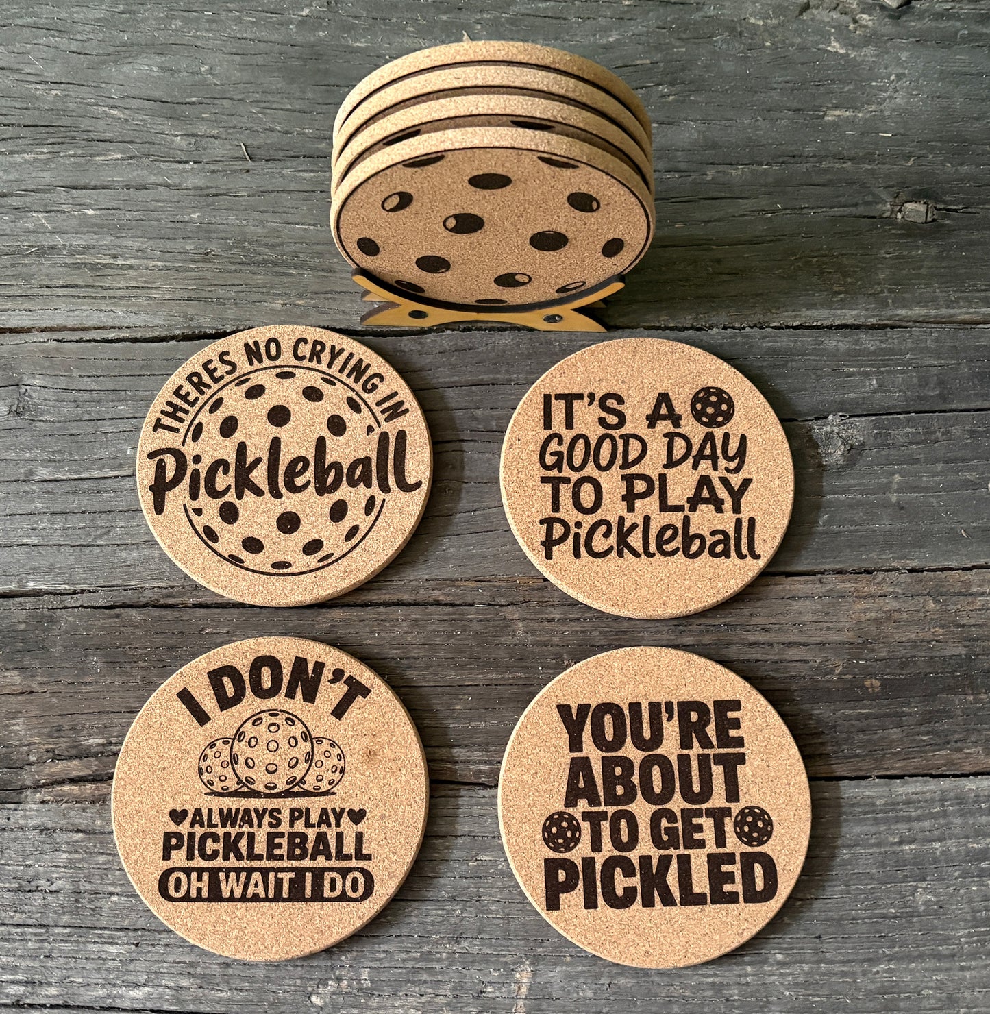 Pickleball Cork Coasters with Stand (Set of 4)