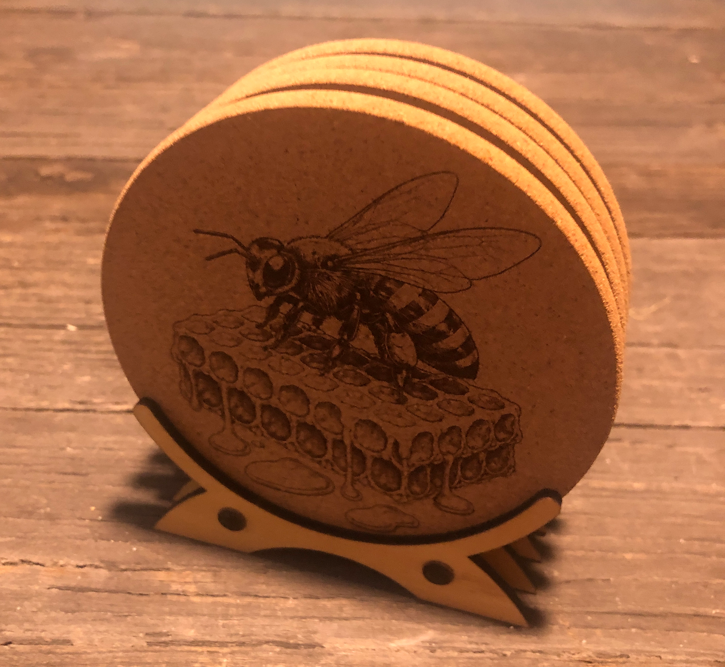 Honey Bee Cork Coasters with Stand (Set of 4)