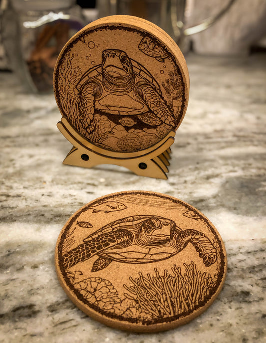 Sea Turtle Cork Coaster (Set of 4) with Stand