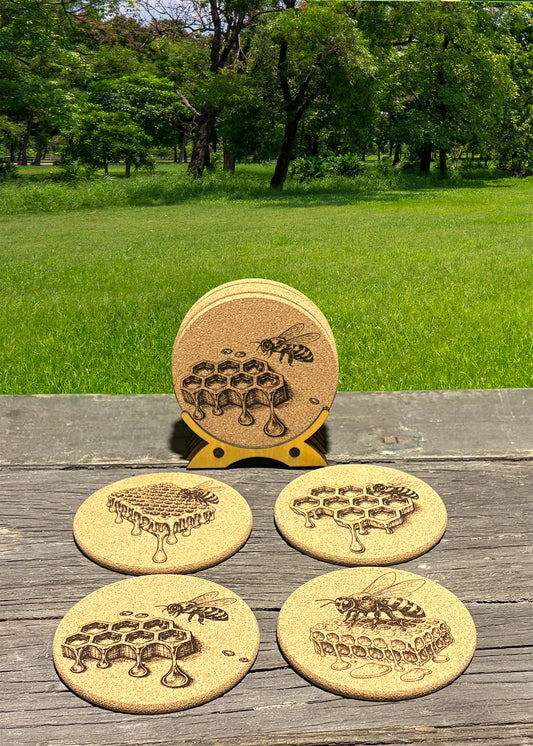 Honey Bee Cork Coasters with Stand (Set of 4)