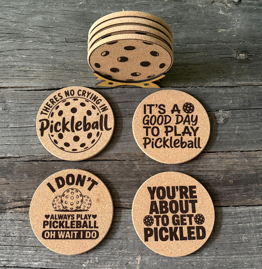Pickleball Cork Coasters with Stand (Set of 4)