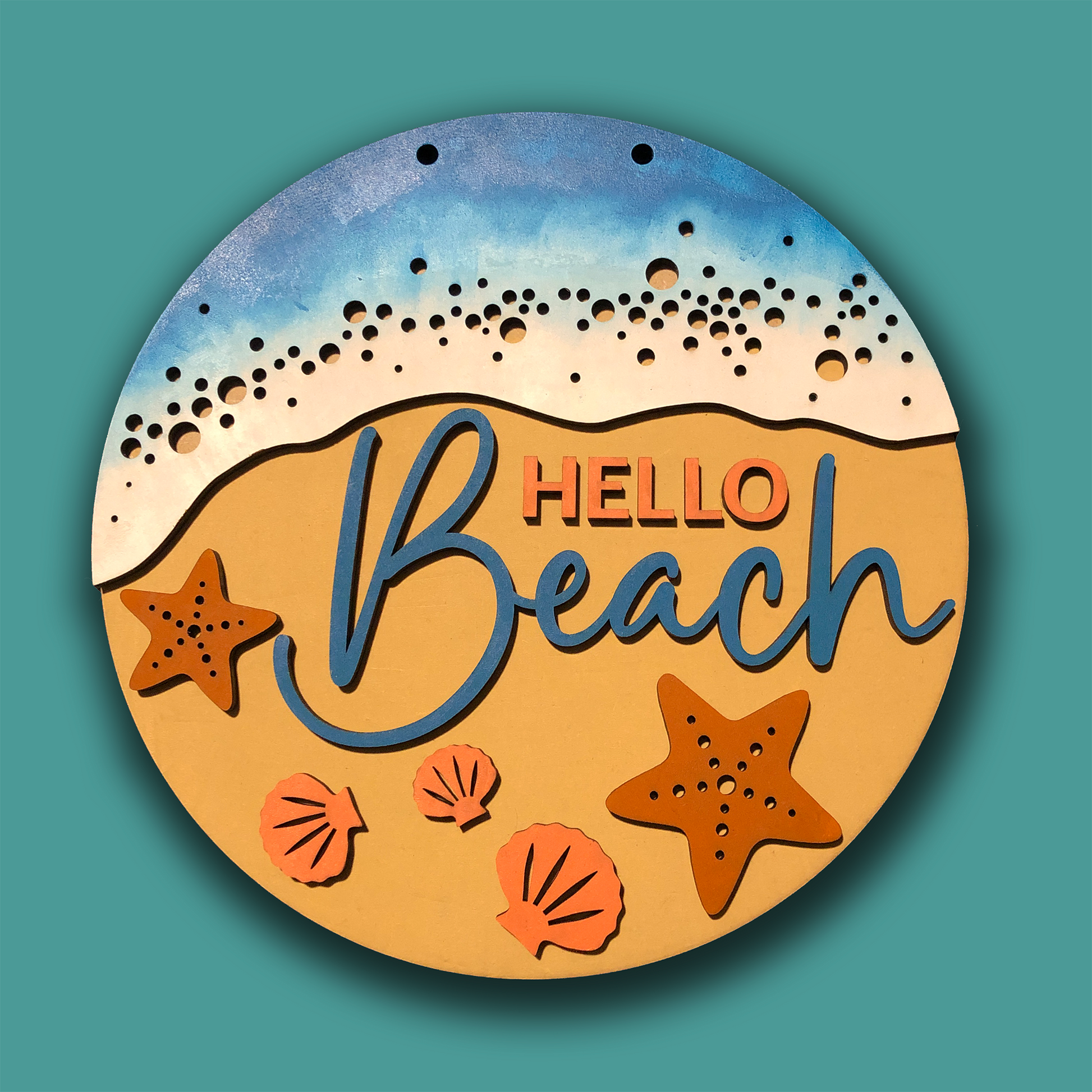 Hello Beach sign with 3D layered effect