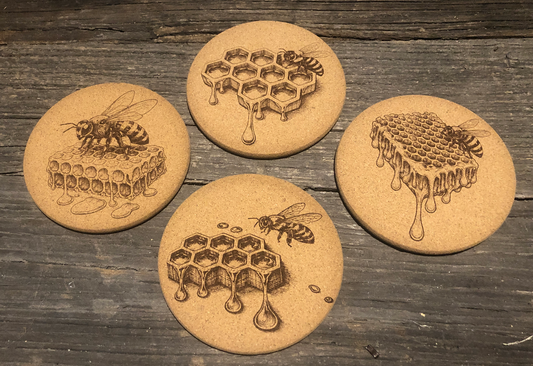 Honey Bee Cork Coasters with Stand (Set of 4)