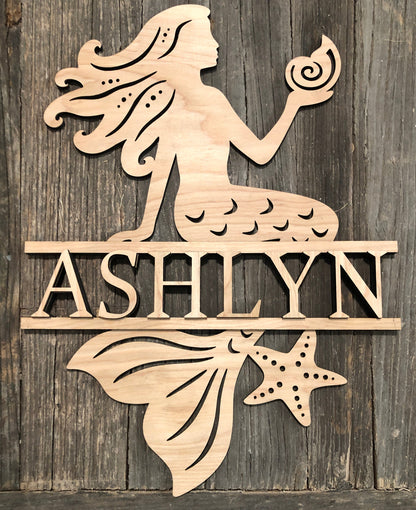 Wooden mermaid and starfish decorative piece with 'NAME' 