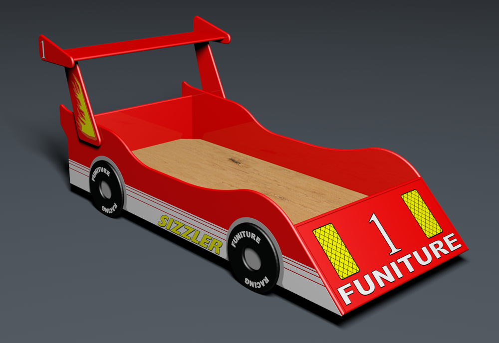Race car bed front/right side view made from easy woodworking plan