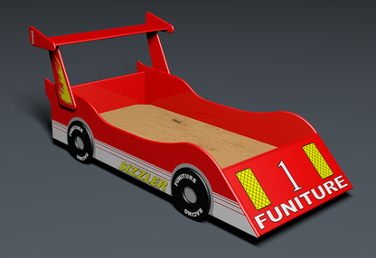 Race car bed front/right side view made from easy woodworking plan