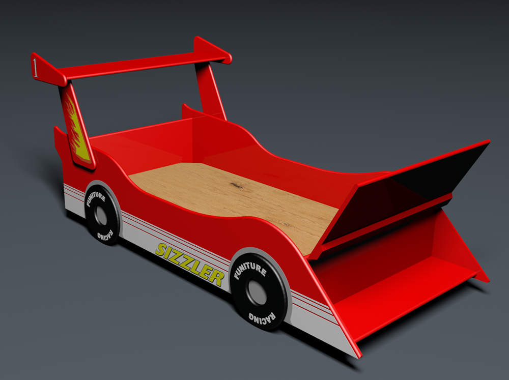 Race car bed front/right side view with hood open made from easy woodworking plan