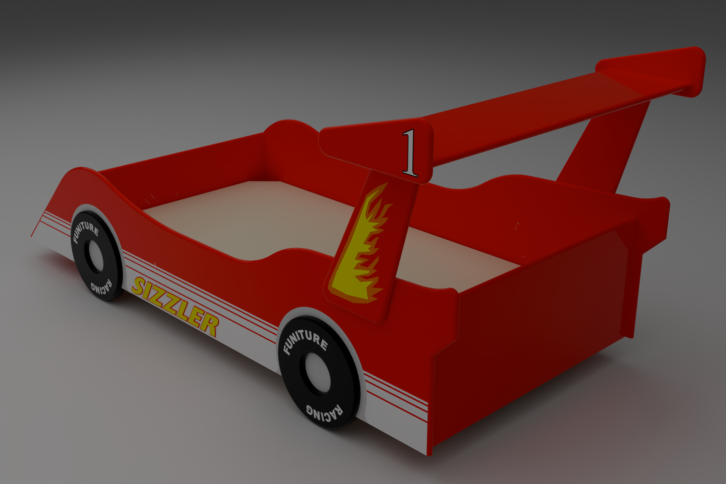 Race car bed back/left side view made from easy woodworking plan